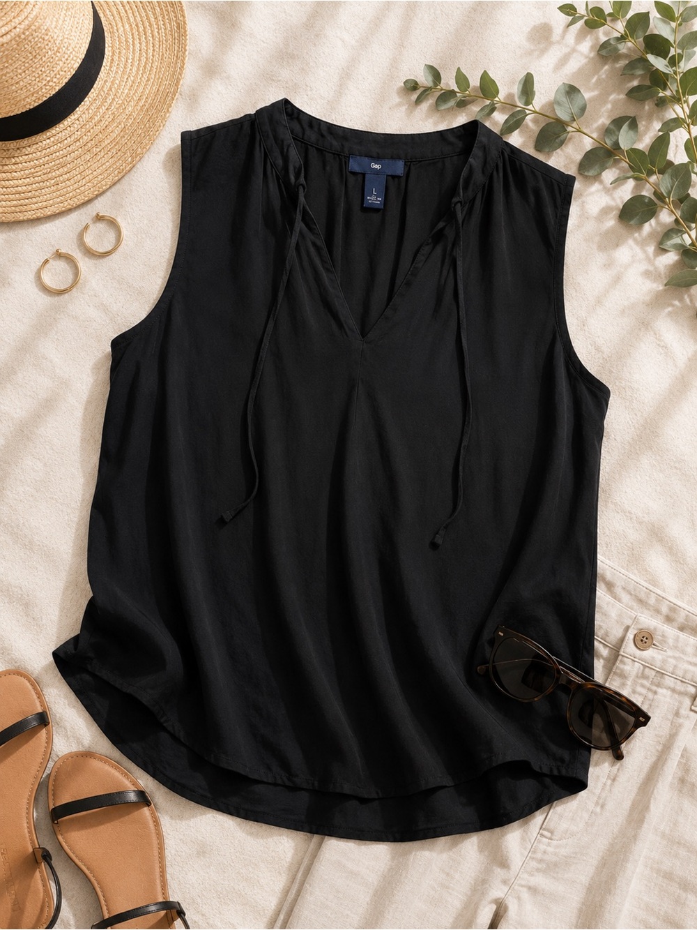 GAP Factory Black Sleeveless Tie Neck Blouse Lightweight Flowy Top Large
